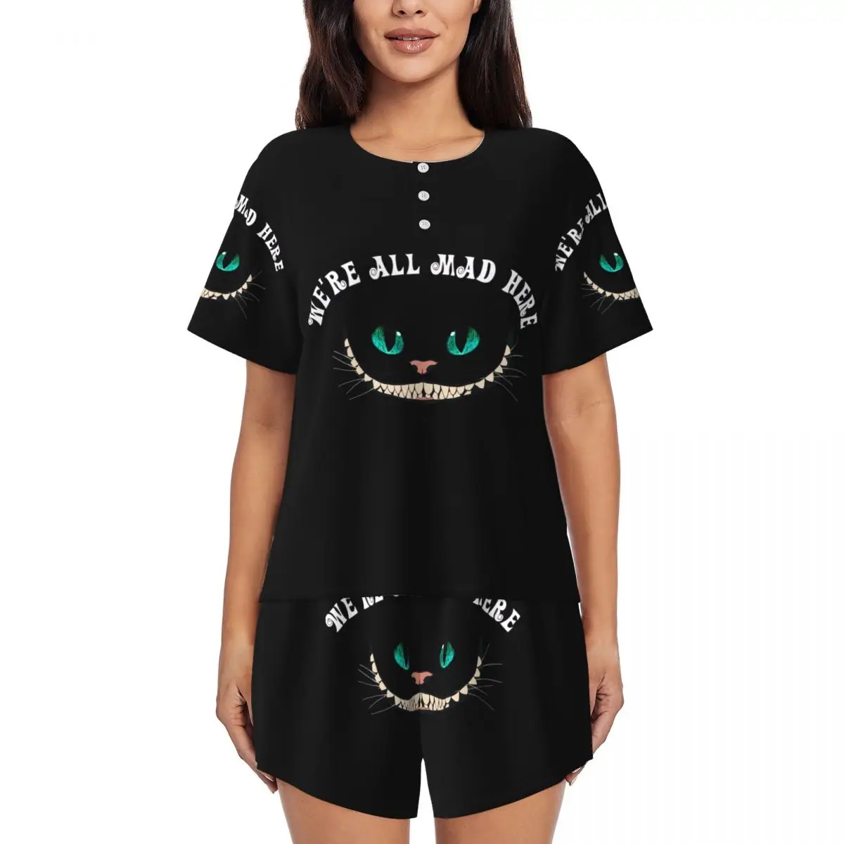 

Women We'Re All Mad Here Pajamas Set Custom Print Short Sleeve Cheshires Cat Sleepwear Loungewear Pjs 2 Piece Sets