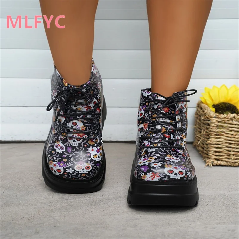 2023 New European and American Petal Skull Printed Matsutake Sole Boots for Women's Winter Warmth Boots