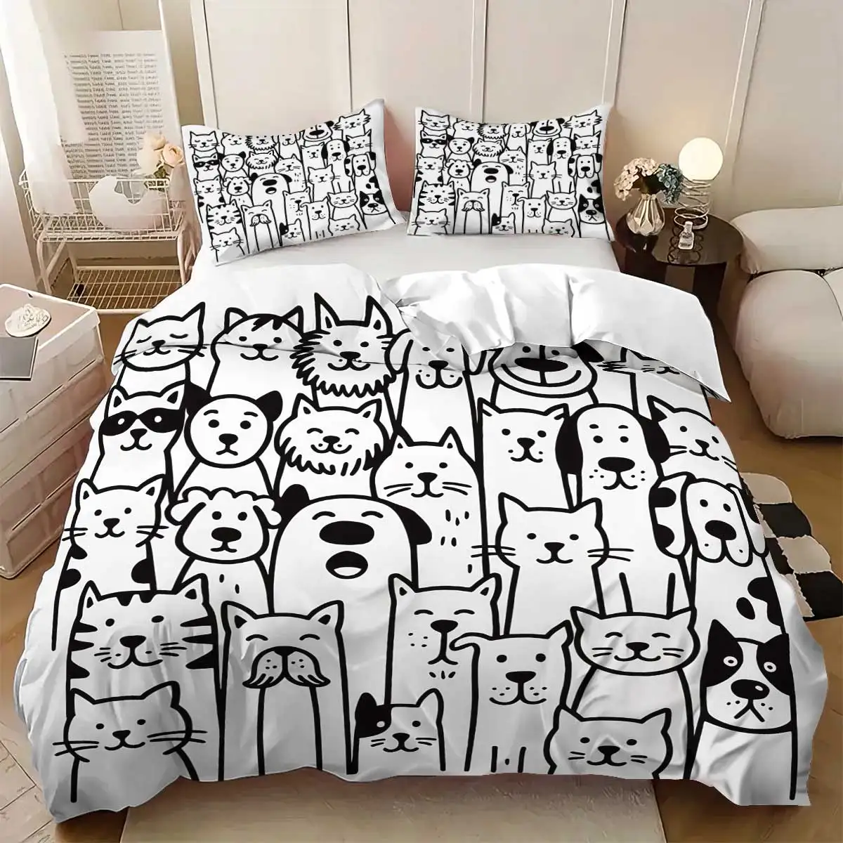 

3pcs set (1 duvet cover, 2 pillowcases, coreless), black and white bedding set with cartoon cat print elements, multiple sizes