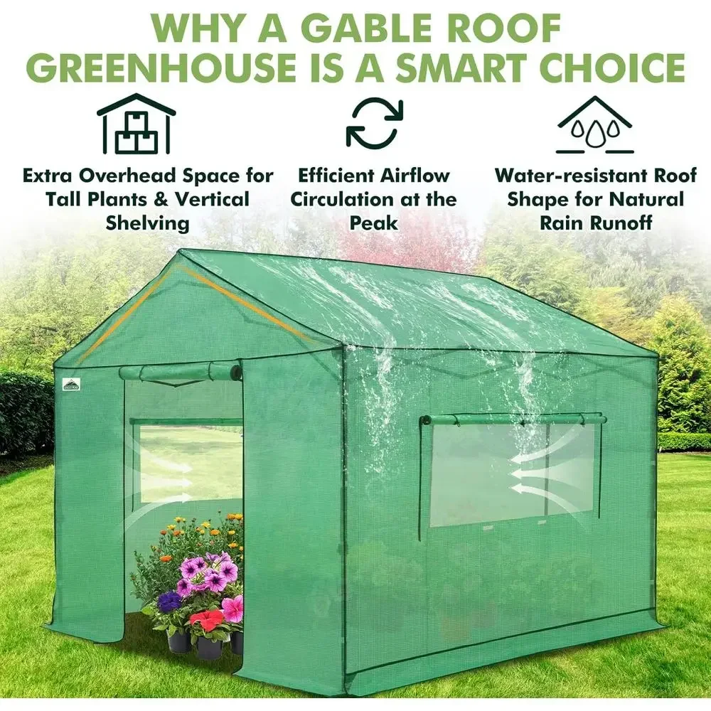 10x10 Walk-in Greenhouse with Easy Setup, Gable Roof, Zippered Doors & Windows, Winter Support Poles, Green