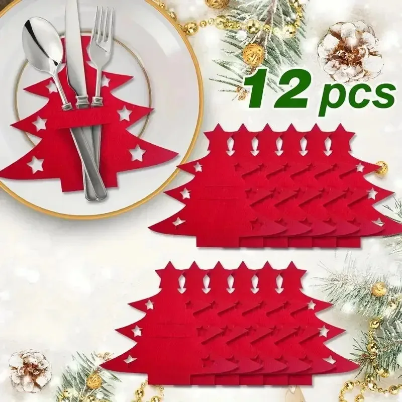 12pcs, Christmas Tree Placemats, Felt Fork and Spoon Bag Set, Suitable for Christmas and Other Holiday Party Table Decoration