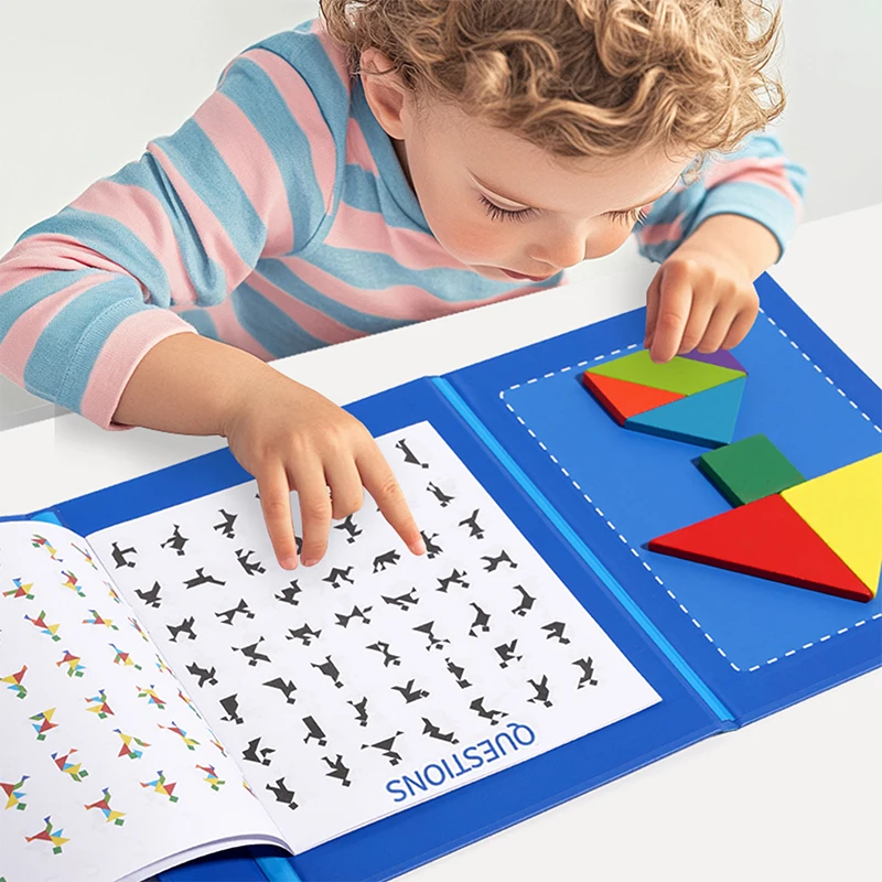 Wooden Small Jigsaw Magnetic Tangram Puzzle Book Educational Toy For Children Baby Kid Portable Montessori Learning Intelligence