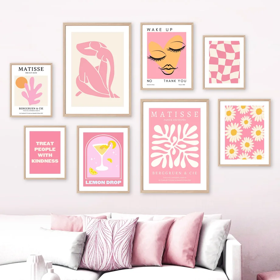 Matisse Woman Leaf Flower Drink Angel Number Pink Posters Canvas Painting Gallery Wall Art Prints Pictures for Living Room De