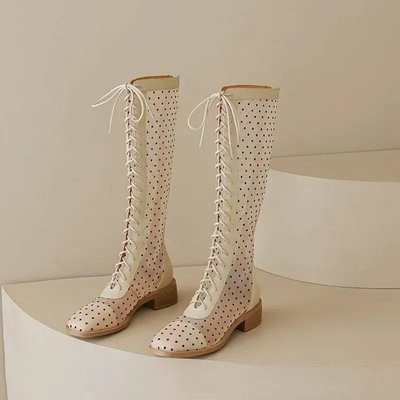 2026 New Versatile Women's Boots, Hollow Mesh Long Boots, Breathable Net Sandals, High Thick Heel for Summer
