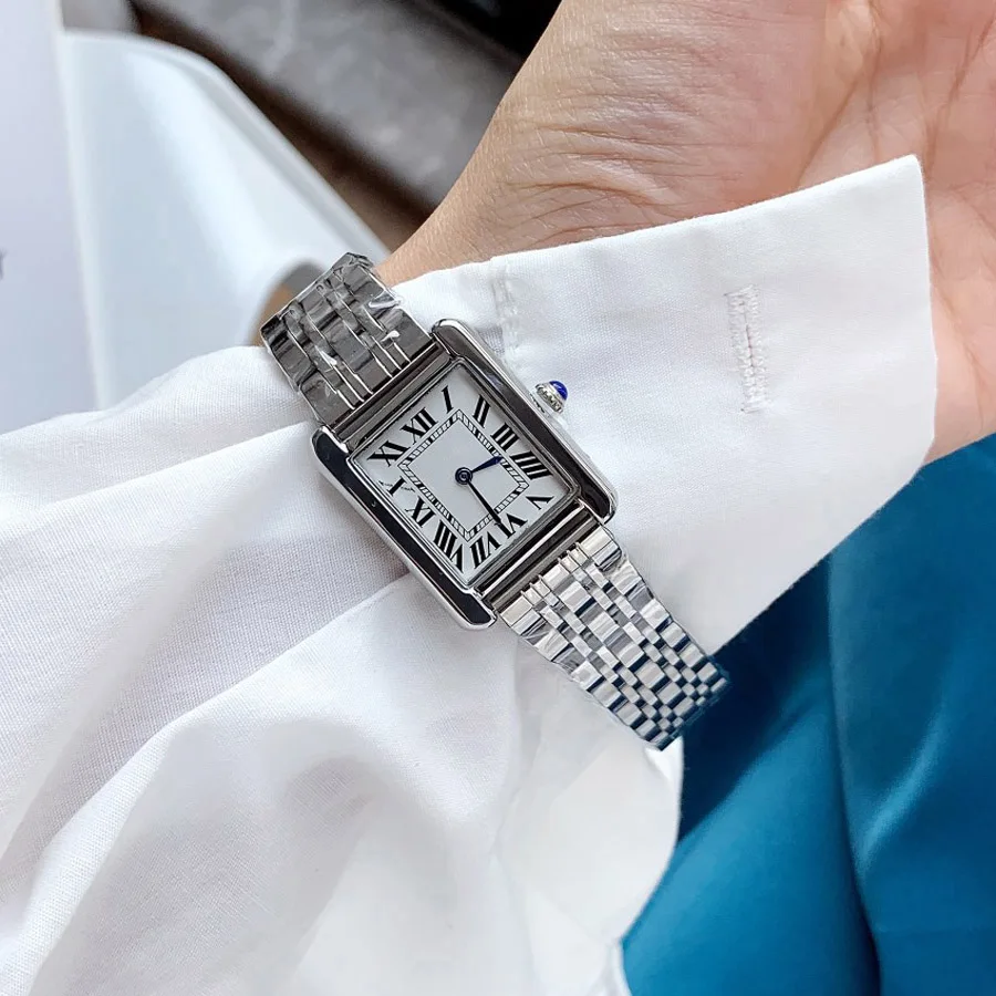 أزياء العلامة التجارية ساعات المعصم امرأة فتاة جميلة مستطيل 27mm نمط الكوارتز الصلب المعادن الفرقة الفاخرة ساعة CA64