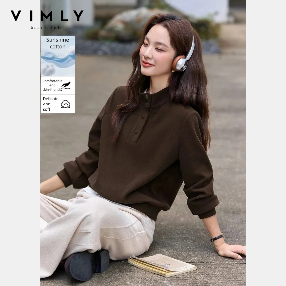 VIMLY-Sudadera con botones lisos para mujer, suéteres con forro polar y cuello levantado, Top sencillo de manga larga A3322