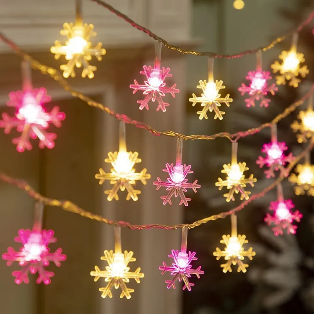 1pc 1.5M/3M/4.5M Christmas Warm Pink Snowflake String Lights with Battery Box,LED Fairy Lights for Holiday and Party Decor