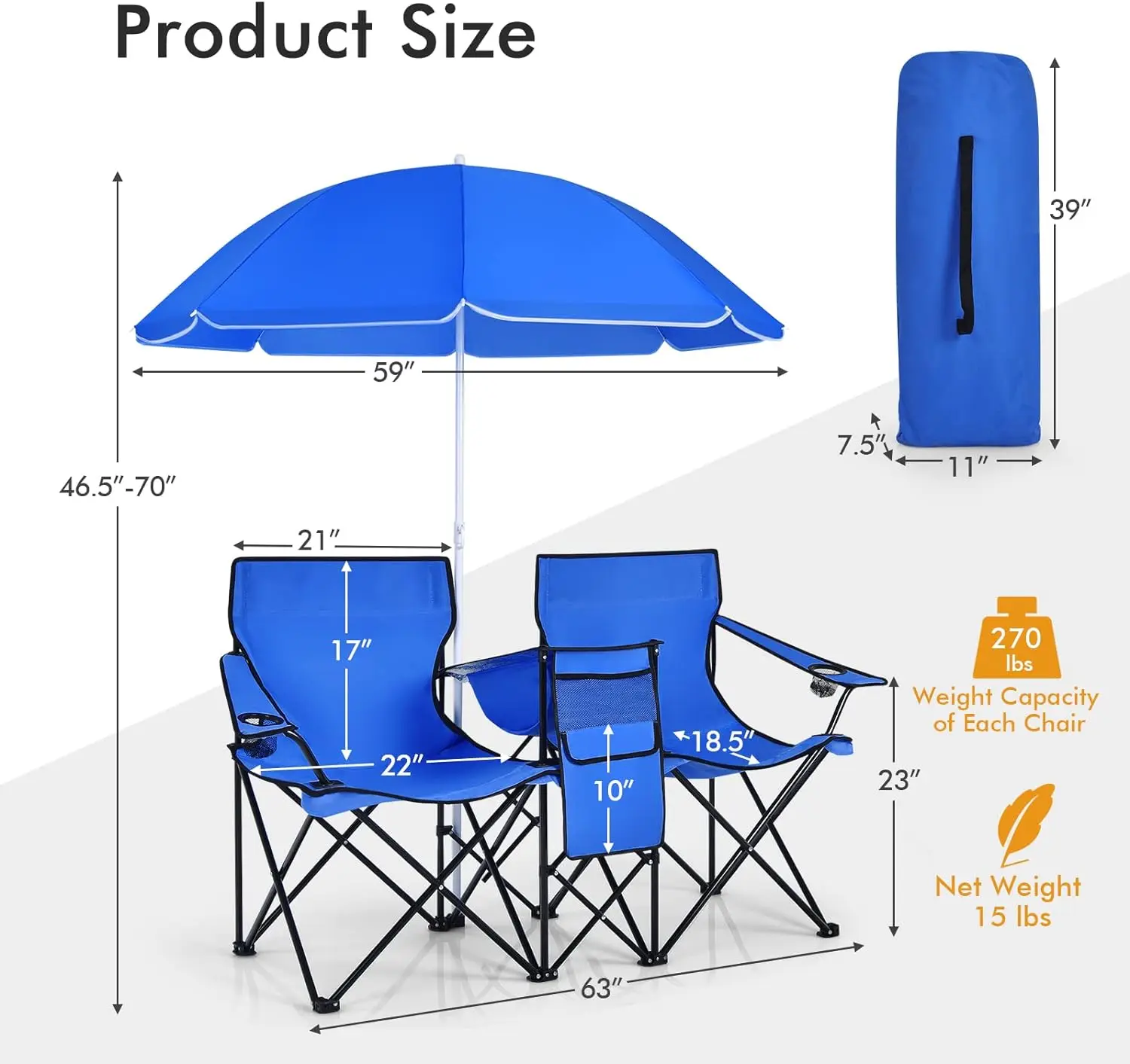 Folding Picnic Chairs w/Umbrella Mini Table Beverage Holder Carrying Bag for Beach Patio Pool Park Outdoor Portable,Set Of 2