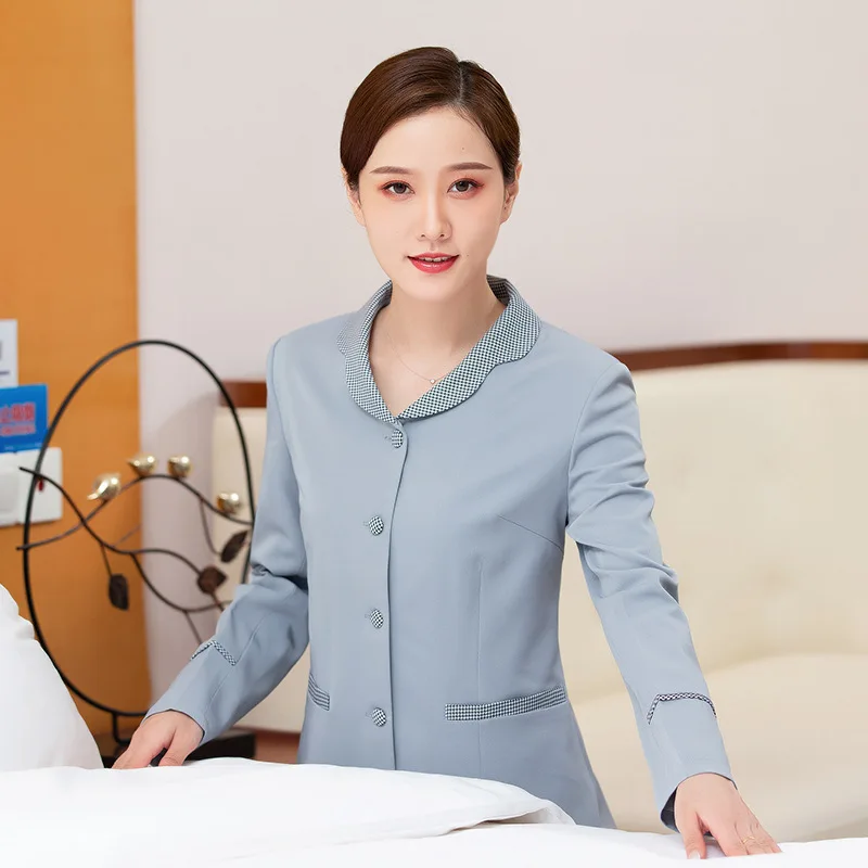 ターンダウンカラークリーニングユニフォーム長袖秋冬クリーニング作業服女性用PAホテルハウスキーピングスタッフプロパティメンテナンス