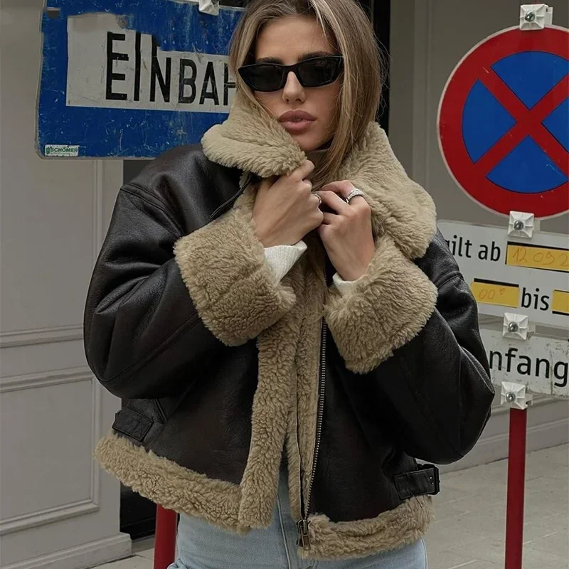 90s vintage moda meninas marrom falso couro shearling jaqueta casaco feminino inverno engrossar forro de pele quente casacos outerwear