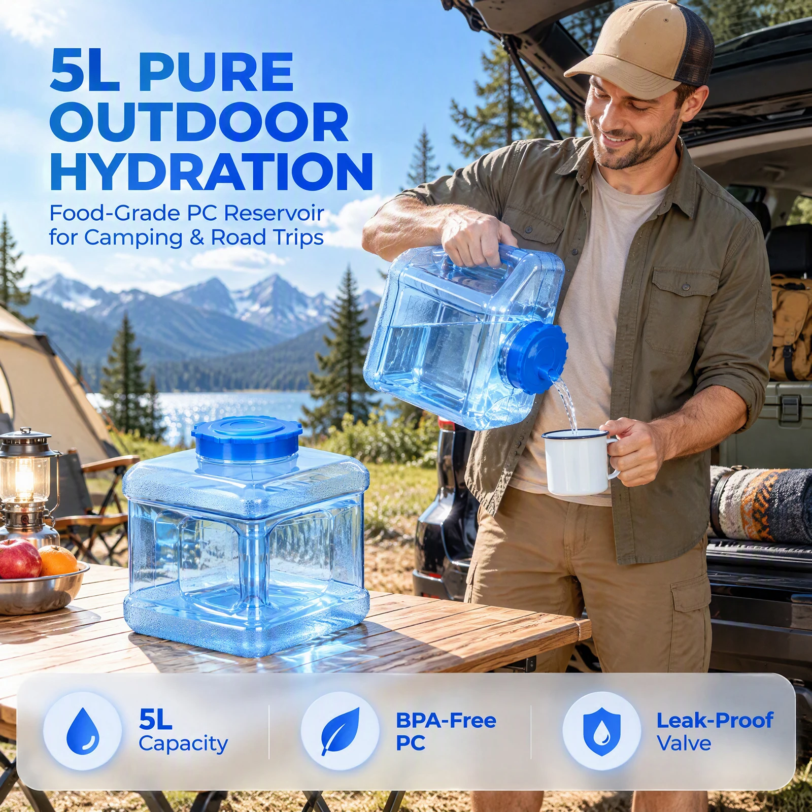 5L Camping Water Container with Handle Water Tank Portable Drinking Bucket for Vehicle Home Emergency Hiking Camping Outdoors