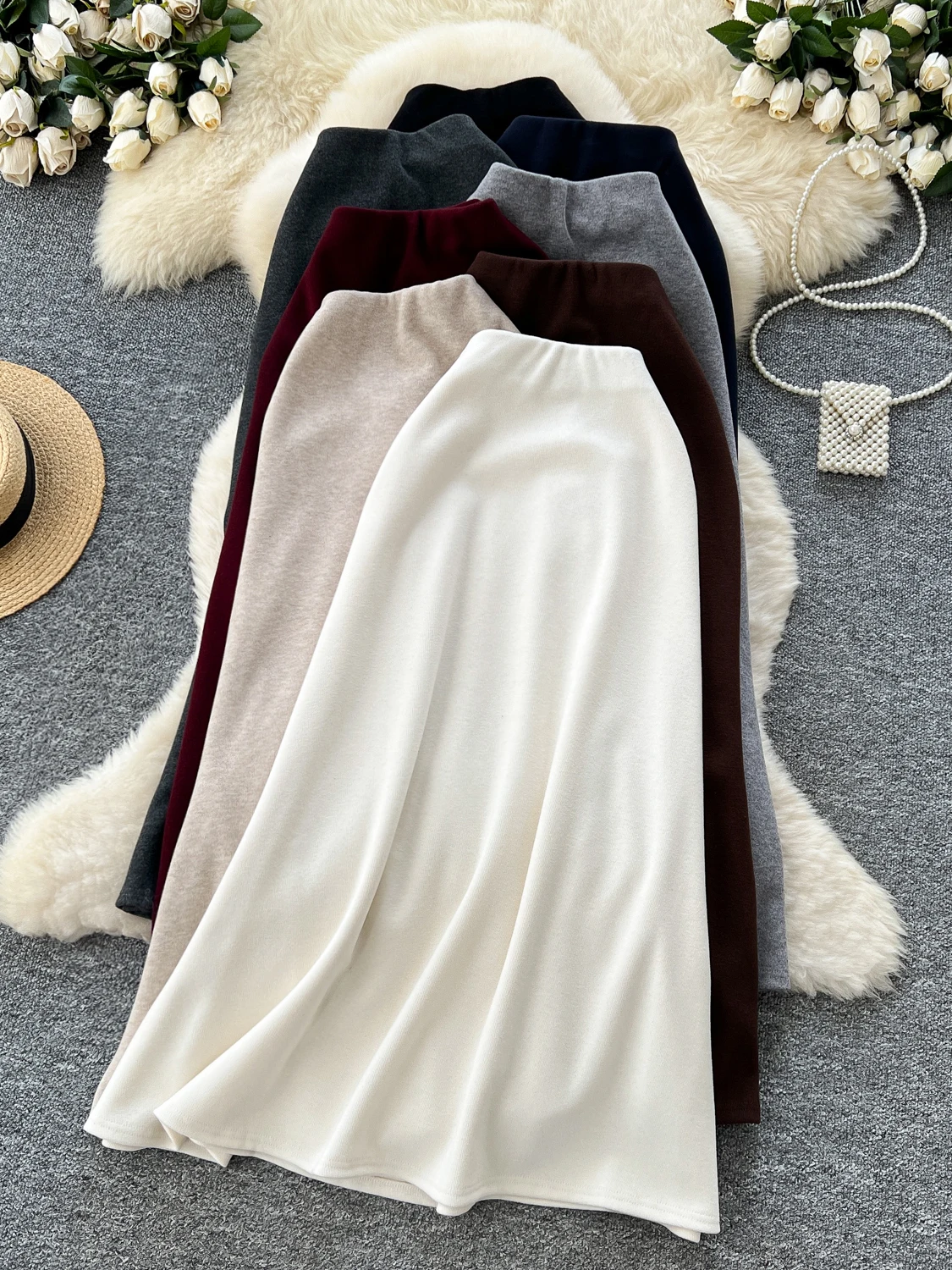 

Ele Knitted Elastic Waist Slimming f Skirt Casual Women's Faion Ci Commute Stand Fit A-Line Skirt Polyester Fiber