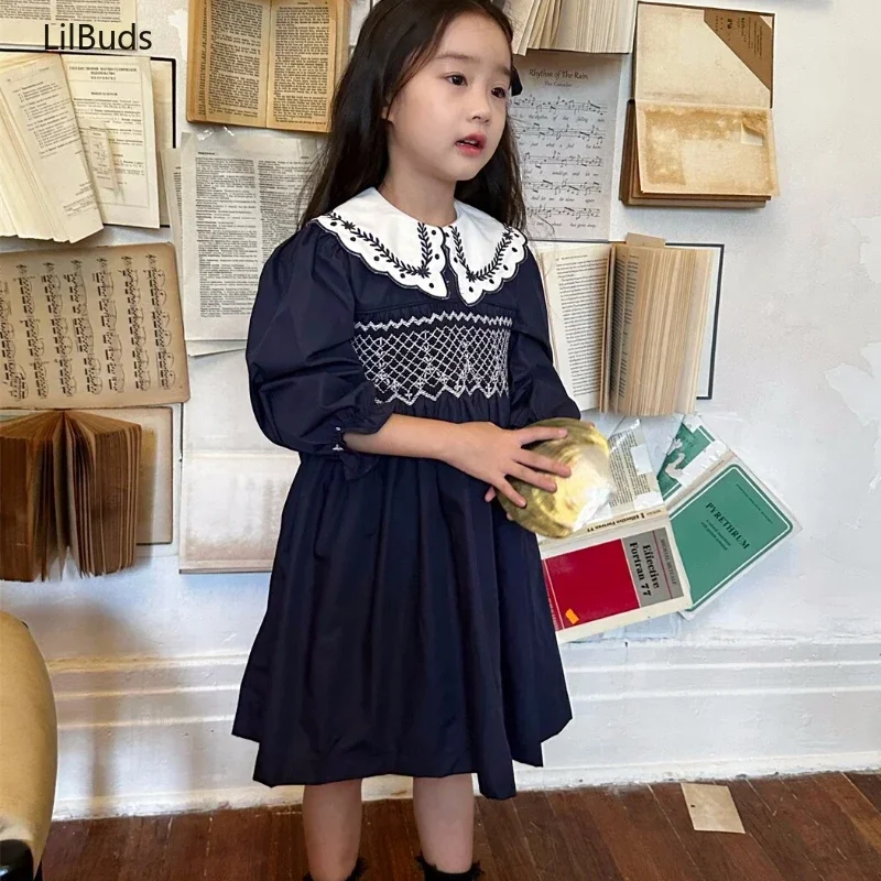 2024 Kids Vintage Dark Blue Costume Handmade Embroidered Elegant Girls' Korean Long Sleeve Children Dress Outerwear Clothing