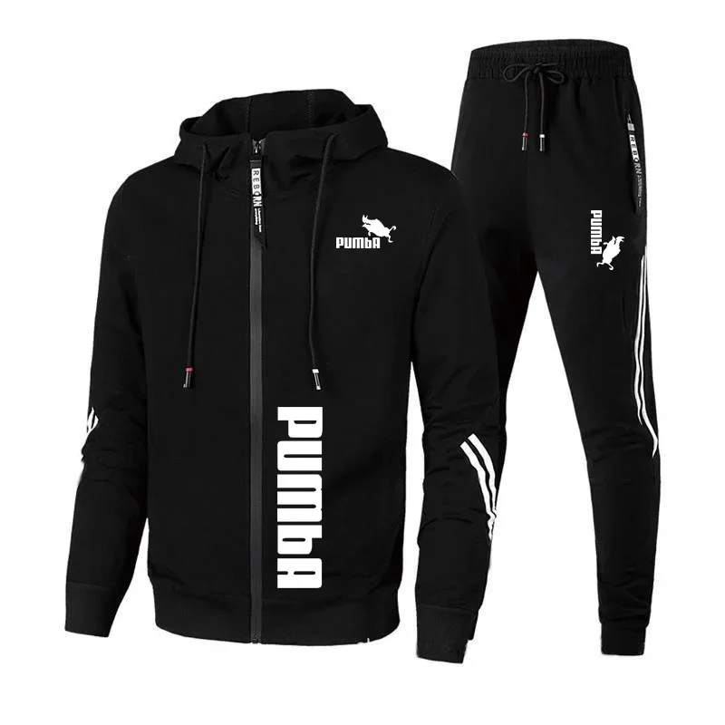 New men's hooded sweatshirt and pants 2-piece set, spring and autumn outdoor casual zippered windproof men's sportswear set