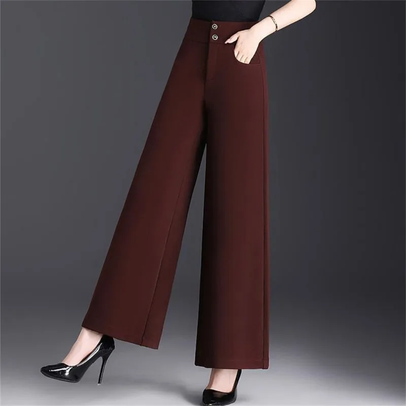

Women High Waist Wide Leg Pants Solid Color Double Button Casual Loose Straight Trousers