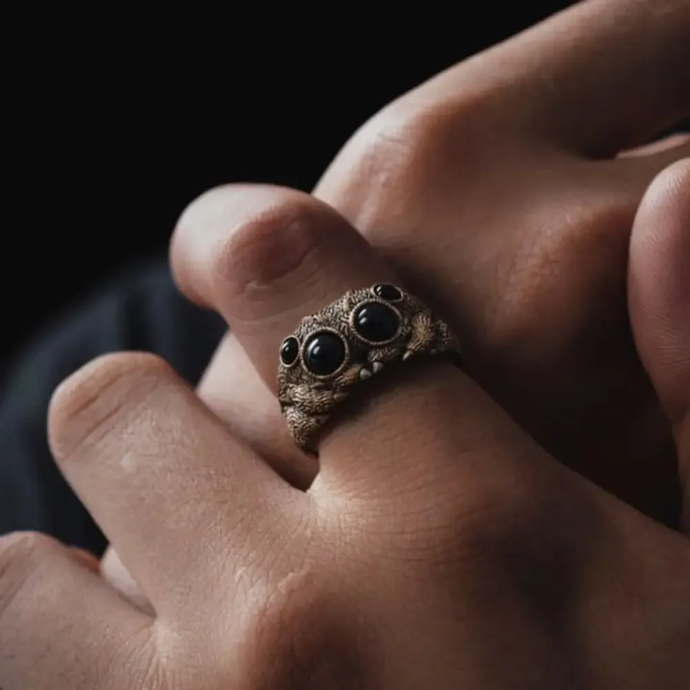 Black Agate Jumping Spider Ring Personalized Electroplated Copper Animal Open Rings Adjustable Opening Fashion Statement Ring