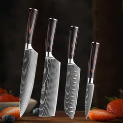 Colored Wooden Handle Kitchen Knives Set Damascus Pattern Chef' Knife Stainless Steel Meat Cleaver Japanese Santoku Knife