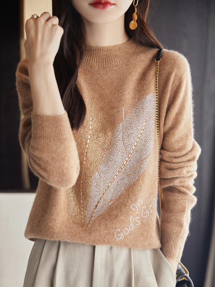 

Pure Wool Semi High Neck Knitted Top Printed Diamond Studded Pullover Sweater Comfortable Long Sleeved Base Women's Clothing