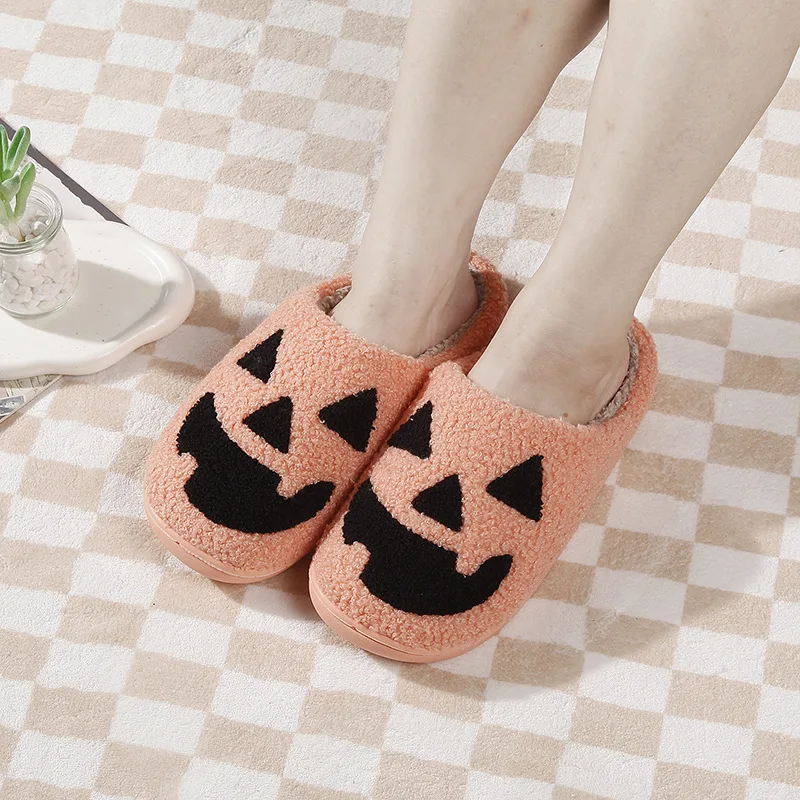 2025 Fashion Winter Halloween Pumpkin Pattern Cotton Slippers for Men Non-slip Warm Home Women Slipper Flat Floor Shoes