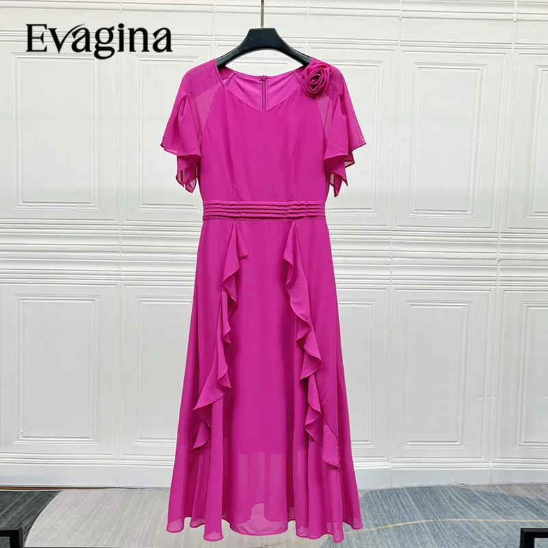 Evagina Appliques Ruffle Waist Up Slim Long dress Spring Summer Women's New Butterfly Sleeve V-Neck Holiday Dresses