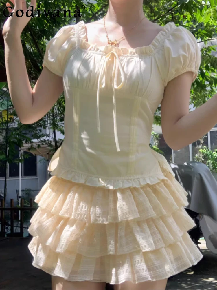 

Women Spring Summer Sweet Solid Color Elastic Waist A-line Cake Skirt Cute Versatile Age-reducing Japanese Leisure Short Skirts