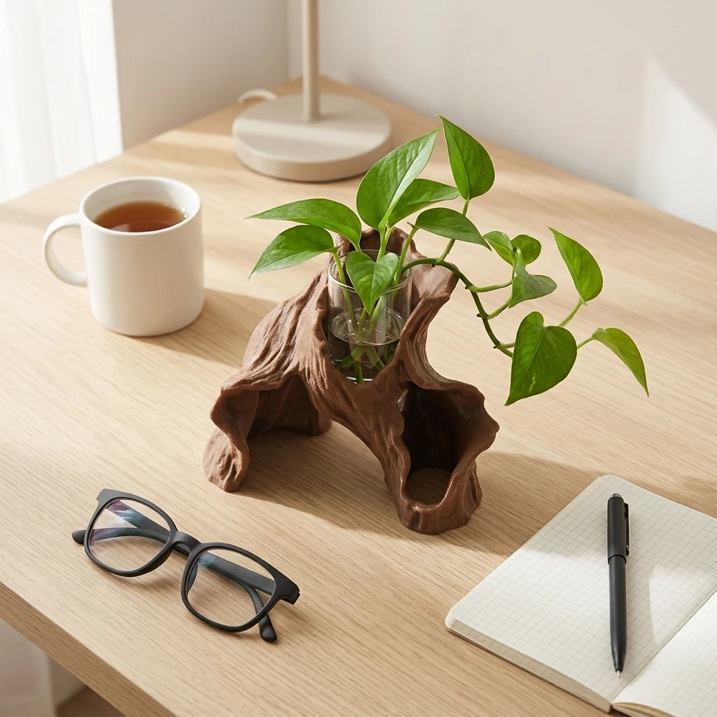 Hydroponic Plant Holder Natural Bark Texture for Indoor Garden Desk Decor Modular 3D Printed Ornament Office Gift Durable