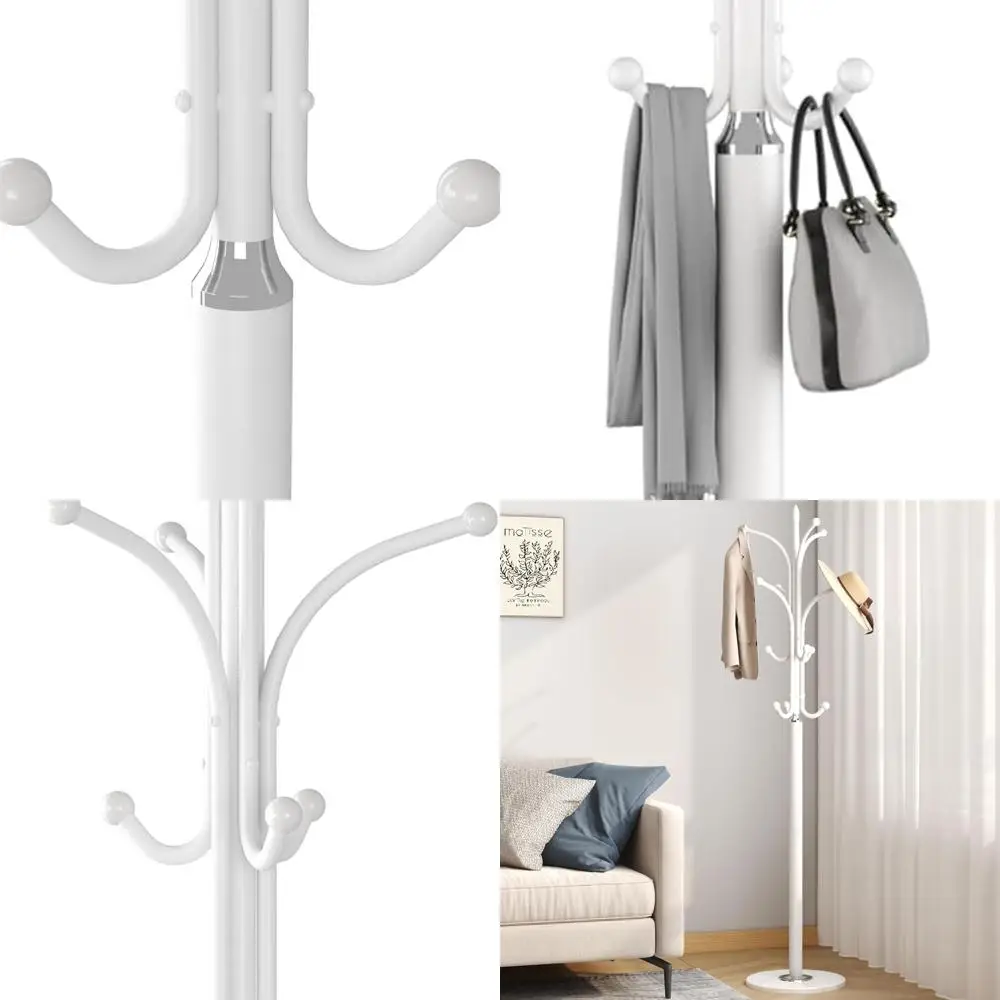 

Белый напольный вешалка-стойка с 12 крючками и основанием из натурального мрамора для хранения головных уборов, пальто и сумок
