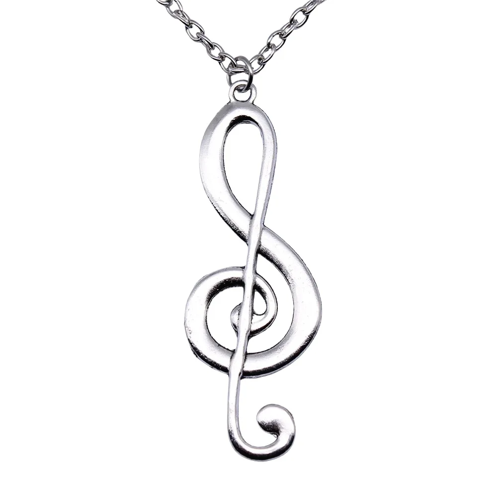 Vintage Antique Silver Plated 61x22mm Big Musical Note Pendant Necklace For Women Men Long Chain Trendy Jewelry Accessories