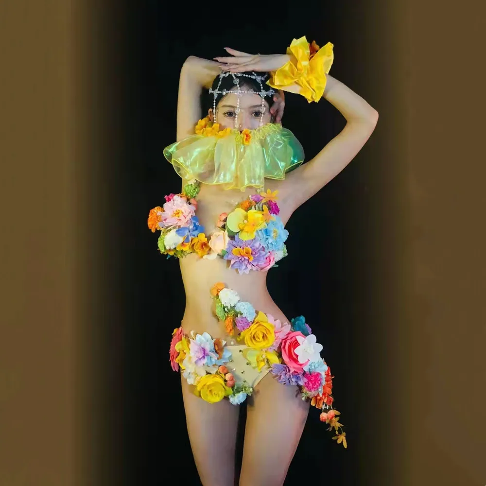 

Club Nightclub Party Show Flower Bikini Rhinestones Headdress Dance Costume Women Dancer Team Gogo Performance Rave Outfits