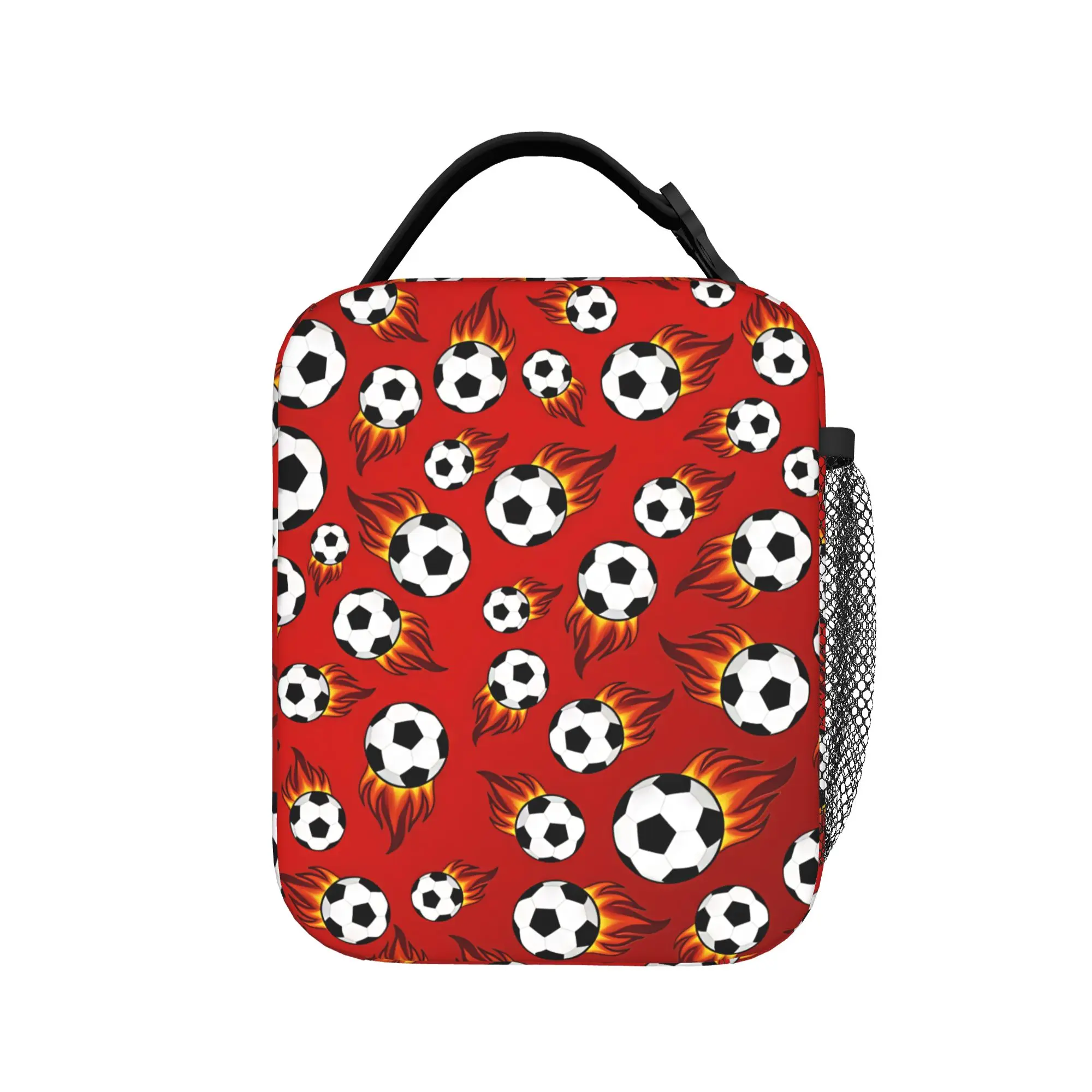 Red Background Fire Soccer Lunch Bag Outdoor Picnic Lunch Box For Girls Casual Tote Food Bags Waterproof Portable Cooler Bag