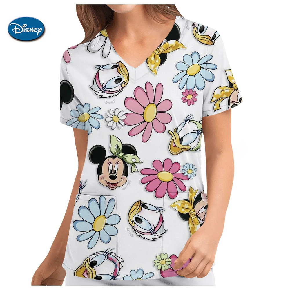 T-shirt Summer Lilo & Stitch Nurse Uniform Woman T-shirts Y2k Disney Hospital Pocket Clothing V Neck New Uniform Pocket Neck Y2k