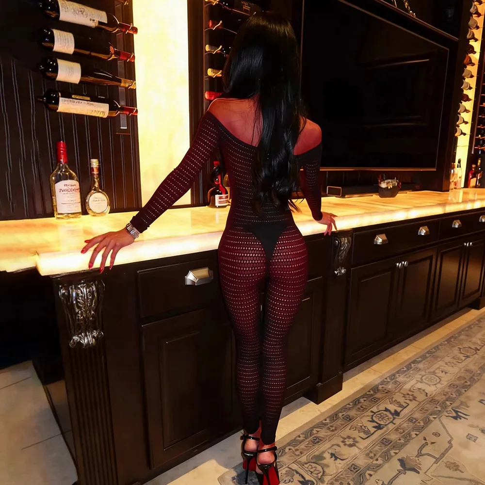 STYLISH LADY Off Shoulder Mesh Jumpsuit 2026 Summer Women Long Sleeve Hollow Out See Through Bodycon Catsuit Night Club Outfit