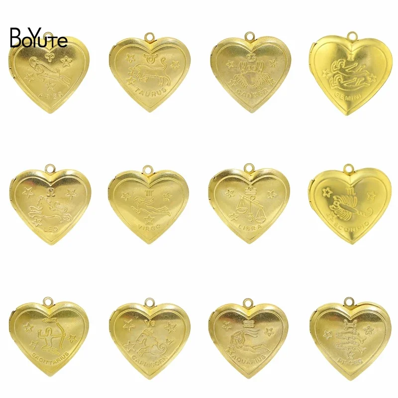 

BoYuTe (50 Pieces/Lot) 28.5mm Heart Shaped The Zodiac Lockets Brass Photo Locket Pendants Can Open Diy Jewelry Accessories