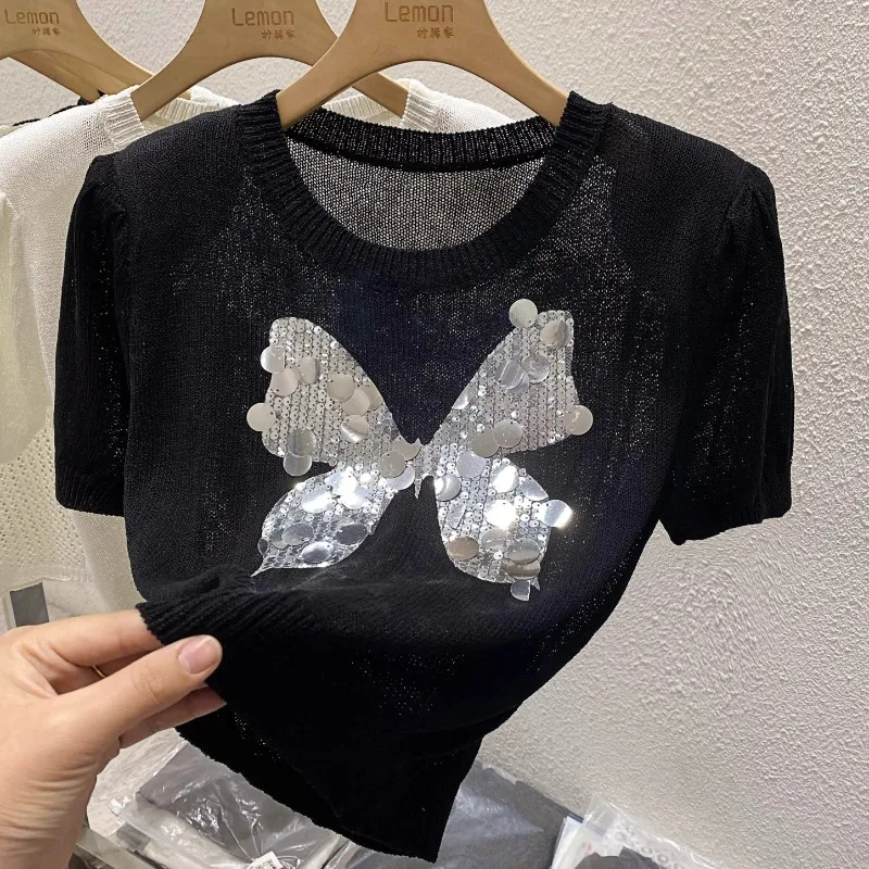 Summer Korean Sequin Butterfly Ice Silk Knitwear T-Shirt 2024 Women Thin Loose Hollow Shoulder Pad Sexy Spice Girls Short Top