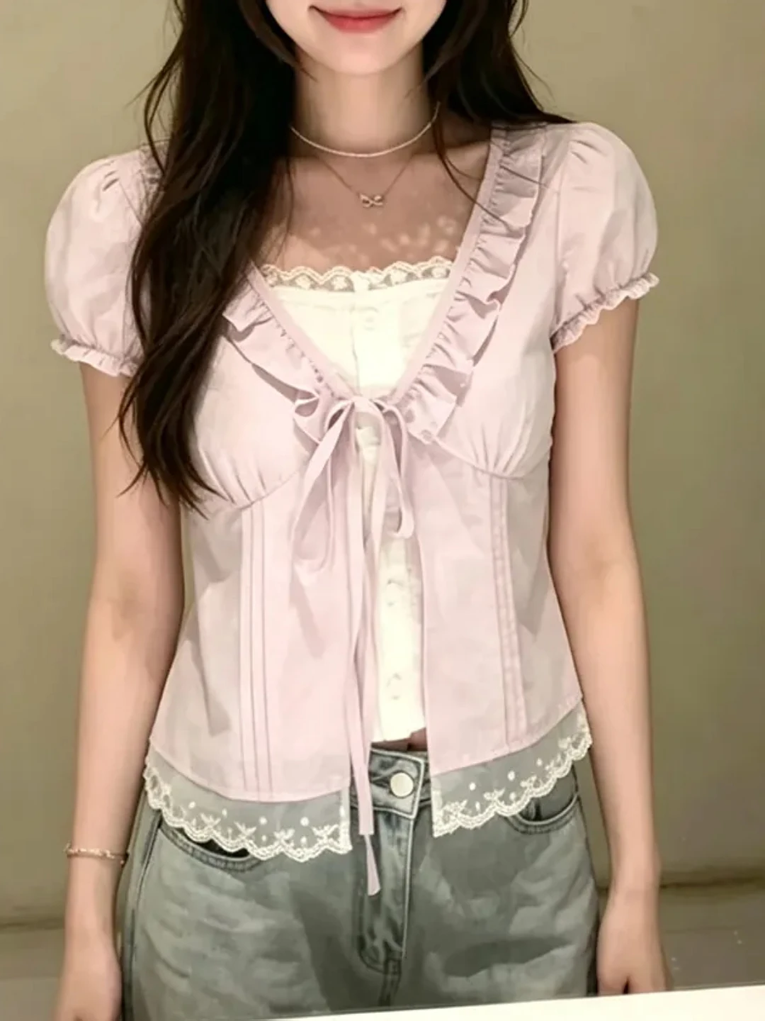 

Sweet Style Oversized Shirt Lace Splice Bloom Sleeve Blouse Summer New Fashion Beautiful Top Korean Style Polyester Fiber