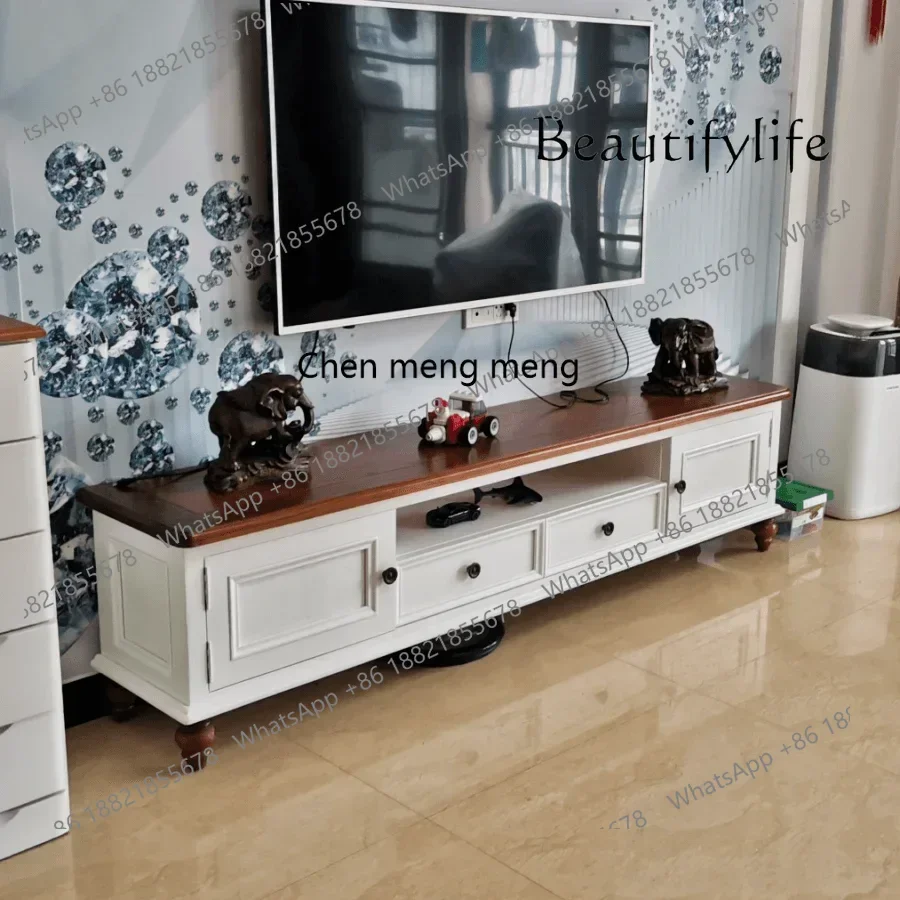 X Solid Wood TV Cabinet and Tea Table American Floor Cabinet Environmental Protection Solid Wood Living Room Country Furniture