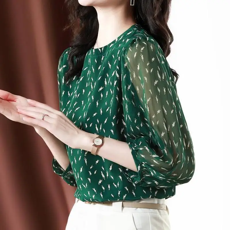 Elegant Fashion Printed Chiffon Shirt Summer 2024 New O-Neck Three Quarter Lantern Sleeve Loose Pullover Blouse Women\'s Clothing