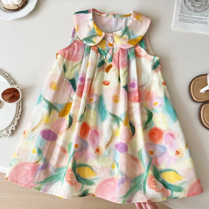 2024Summer New Girls' Printing Lapel Dress Girls' Elegance Sleeveless Children Single Skirt