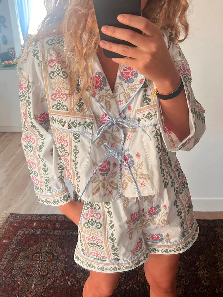 Women y2k Aesthetic Tie Front 2 Piece Clothes Sets Floral Print Long Sleeve Elegant Shirts Tops Loose Shorts Loungewear Outfits