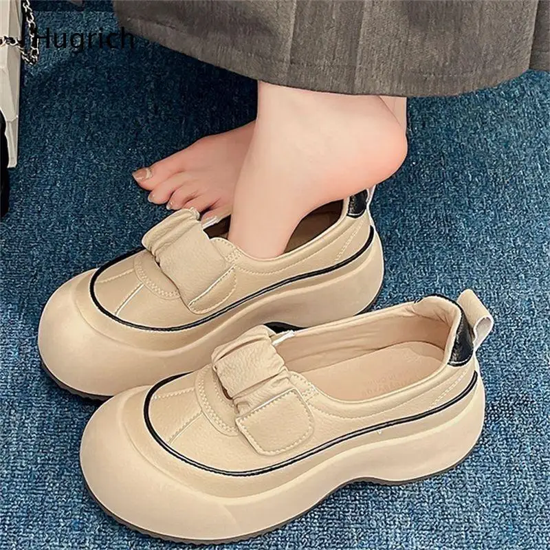 Ruched Strap Platform Loafers Contrast Stitching Round Toe Slip On Leather Wedge Casual Shoes for Women Daily Office