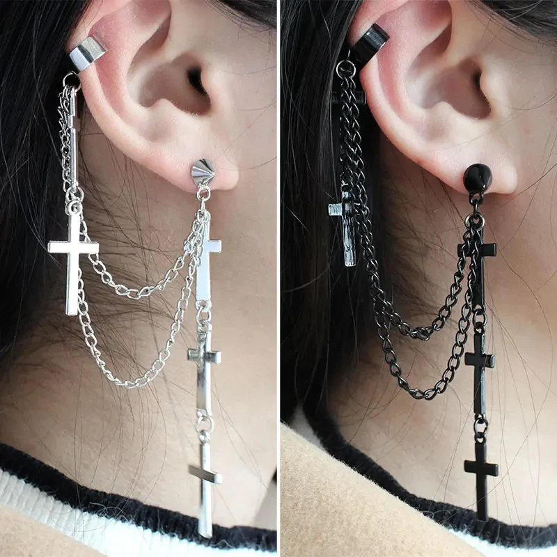 Unisex Punk Cross Tassel Earring Clip Women Exaggerated Modern Metal Christian Chain Drop Dangle Earrings Gothic Hip Hop Jewelry