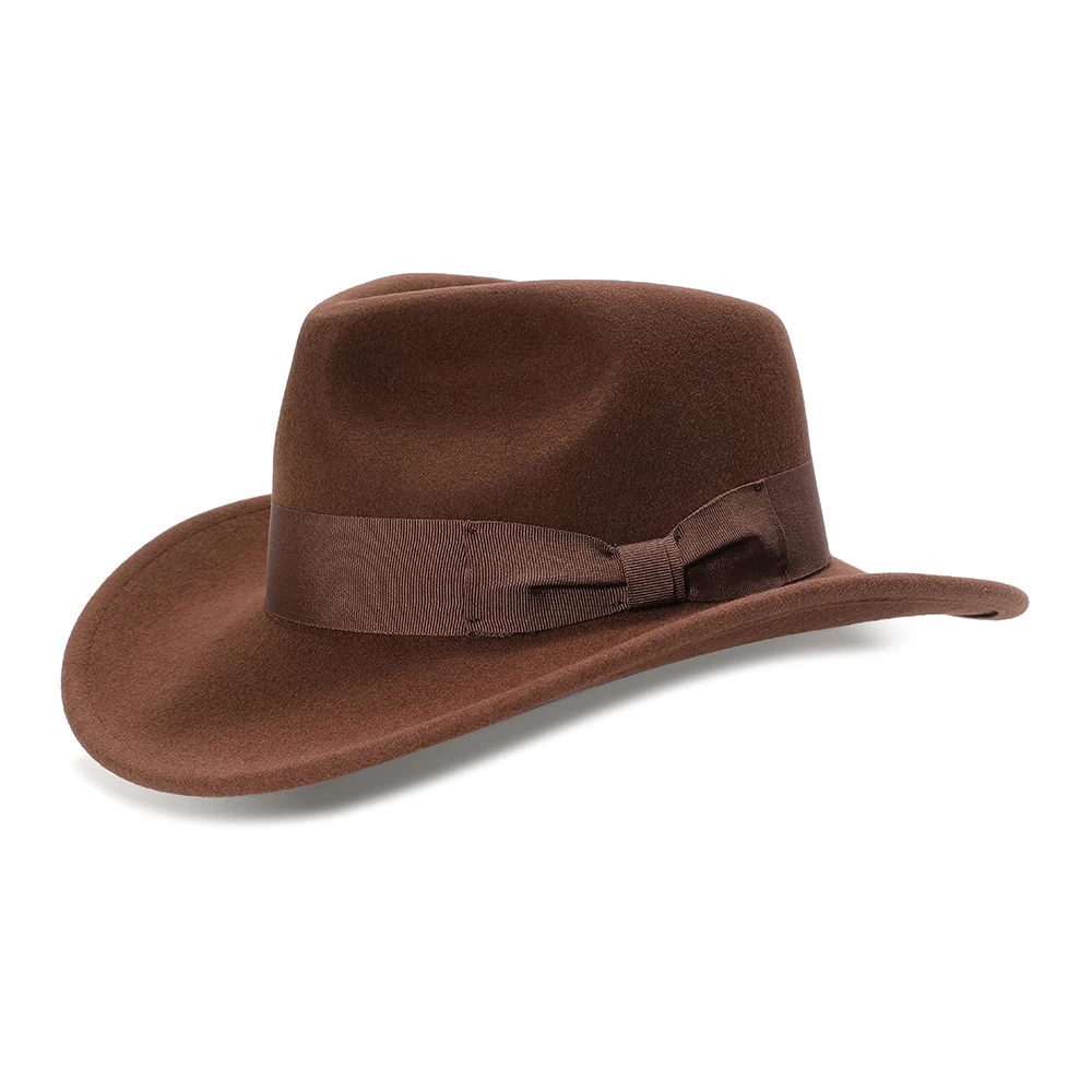Wełniany filcowy kapelusz Indiana Jones dla mężczyzn Zgniatany kapelusz Outback Kowbojski kapelusz Fedora w dużym rozmiarze
