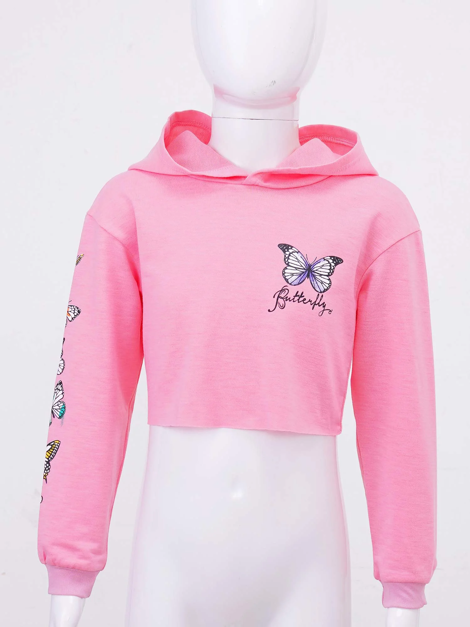 Kids Girls Casual Clothes Set Hoodies Long Sleeve Butterfly Printed Sweatshirt Crop Tops+Loose Pants for Dance Fitness Sportwear