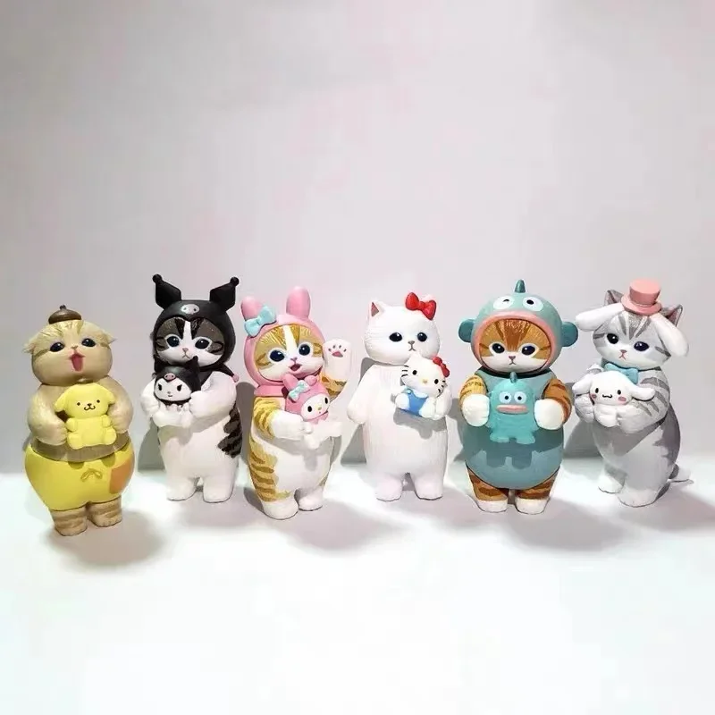 Anime Sanrio Mini Kawaii Figuur 6 Stks/partij 5.1-5.4Cm Haaienkat Vasthouden Op Kuromi Hello Kitty Hangyodon Huisdierenmodel Geschenken