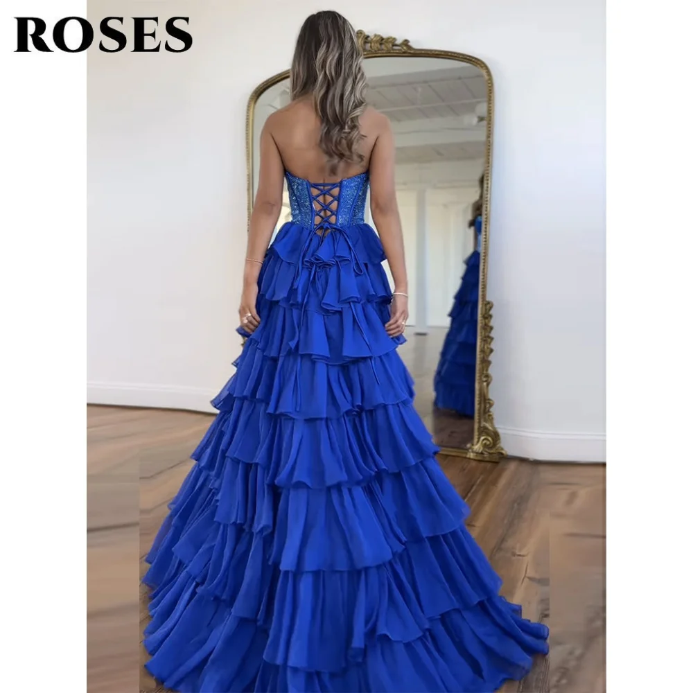 فساتين لحضور الحفلات الموسيقية بدون حمالات على شكل حرف a باللون الأزرق الملكي مع ترتر بدون أكمام فساتين سهرة بطيات متدرجة فستان حفلات مخصص #2