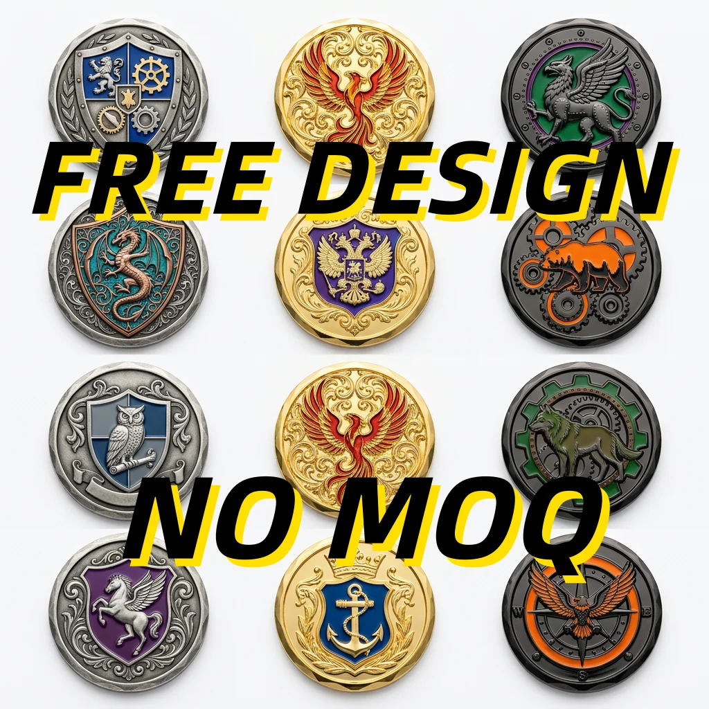 Custom 3D Mythical Phoenix Dragon Heraldic Shield Antique Relief Challenge Coin Double Sided Token Medal Badge Wholesale Factory