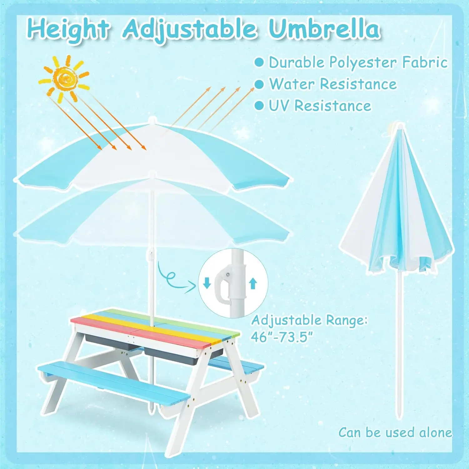 Mesa de Picnic 4 en 1 para niños pequeños, juego de mesa y silla de madera para agua y arena, con paraguas extraíble, actividades para niños Furni