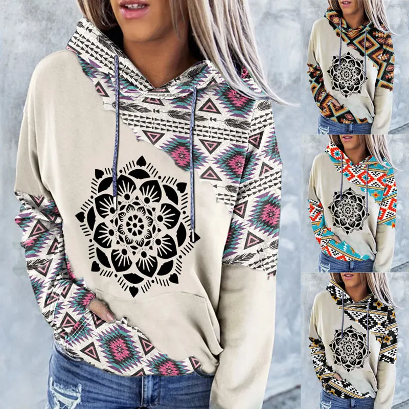 Women Long Sleeve Hooded Sweatshirt Ethnic Printed Casual Sport Hoodies Streetwear Outerwear