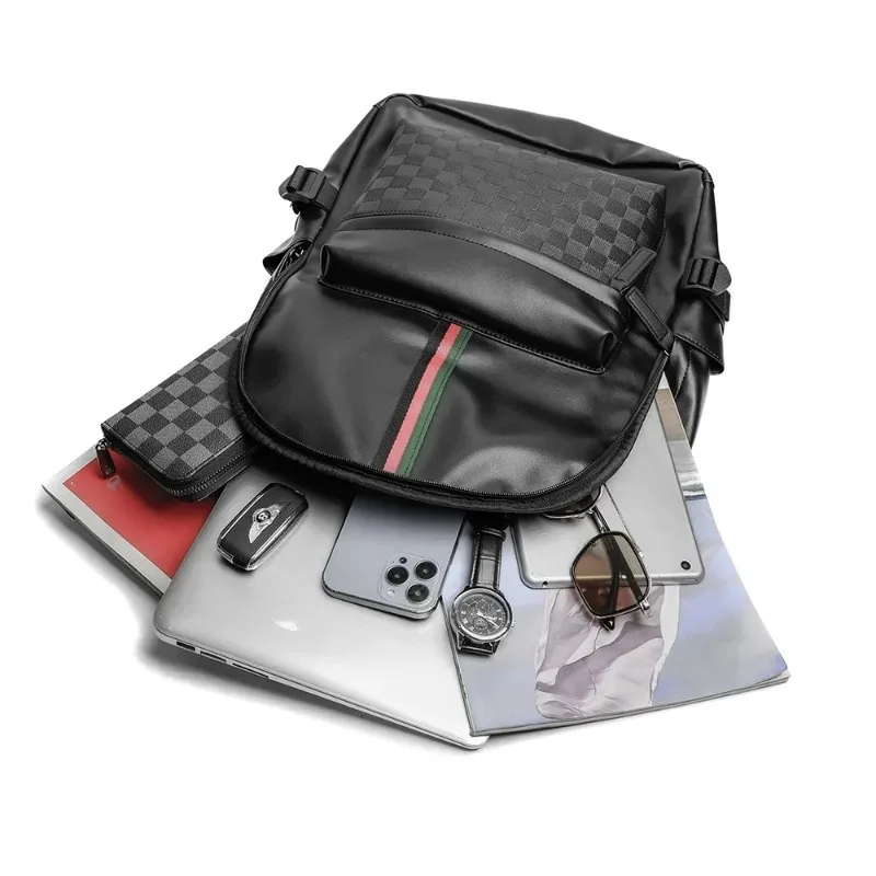 حقيبة ظهر فاخرة منقوشة مخططة للرجال تصميم عصري حقيبة ظهر للرجال سعة كبيرة 15.5 بوصة حقائب كمبيوتر محمول حقائب مدرسية من جلد البولي يوريثان الناعم