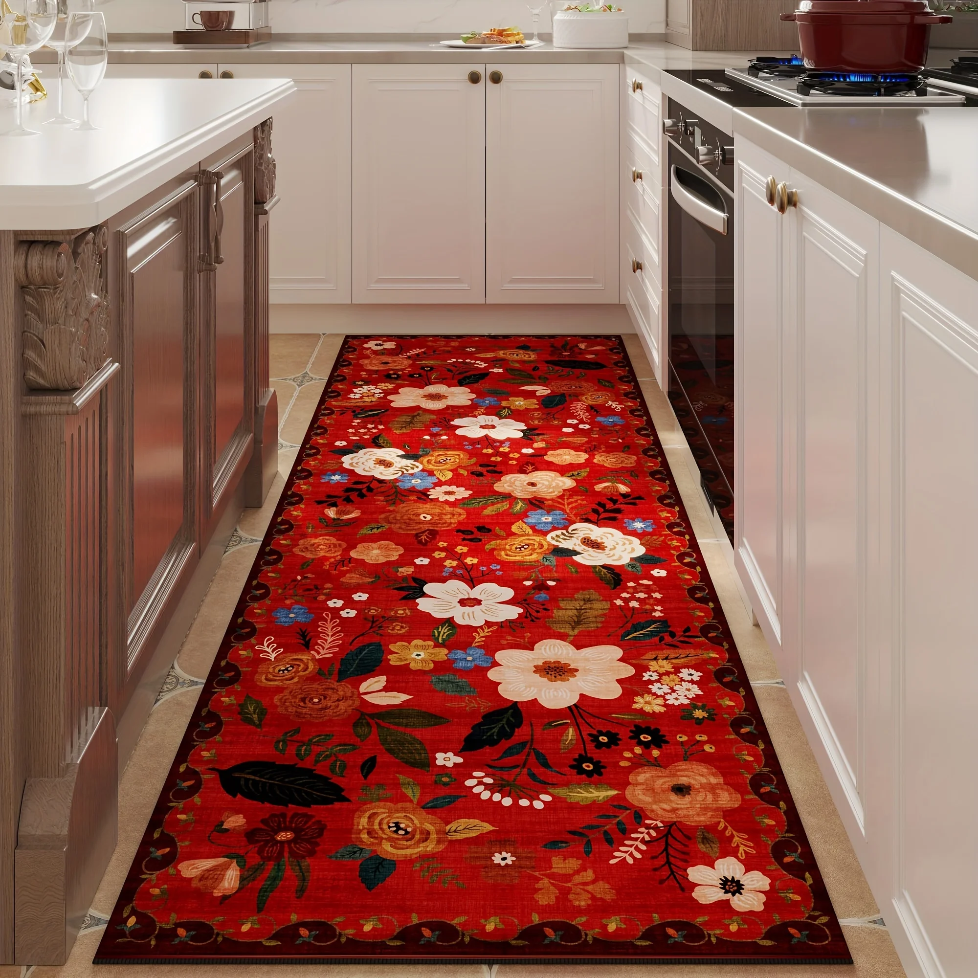 Mystical Moon Phase Floral Long Runner Mat  Dark Starry Sky Red Rose Botanical Print Boho Floor Rug for Bedroom Hallway Decor